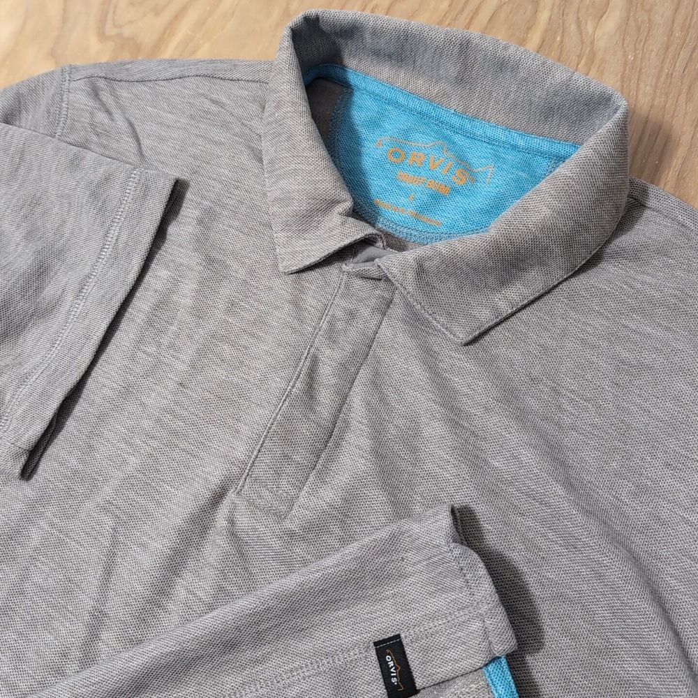 Orvis Mens L Solid Gray Polo Trout Bum Golf Outdoor Fishing Short Sleeve Logo